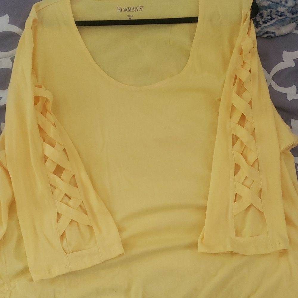 Roaman's Yellow Women's Top with Lattice Sleeves